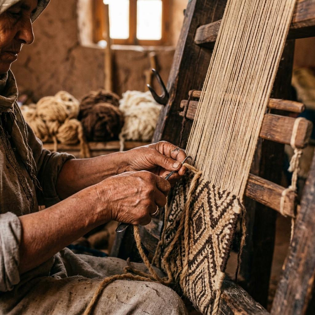 Moroccan artisan weaving a traditional Berber rug