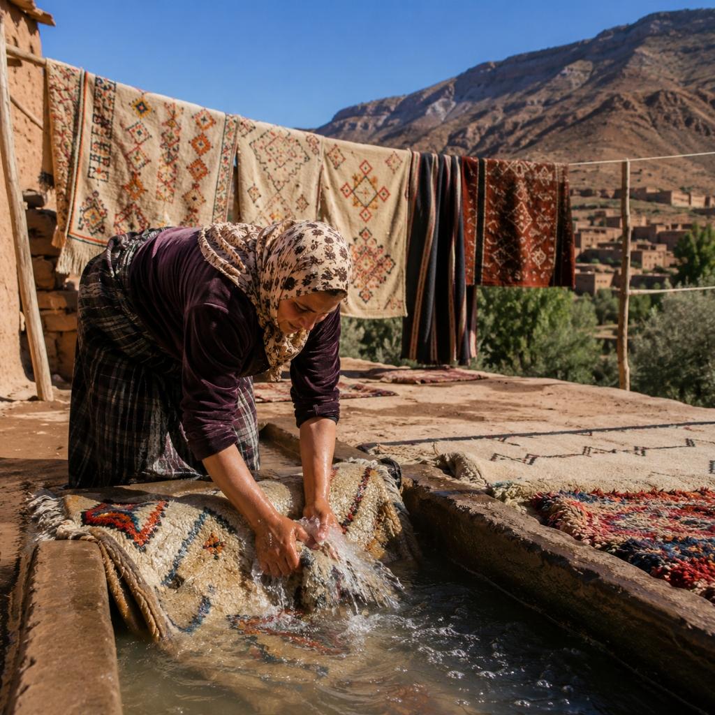 Traditional rug washing and drying process